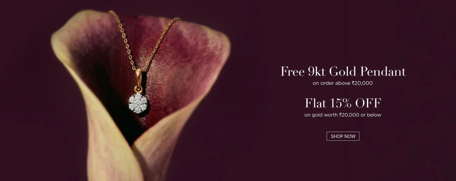 Diamond cluster pendant on a gold chain resting inside a deep plum calla lily, announcing a free 9kt gold pendant offer